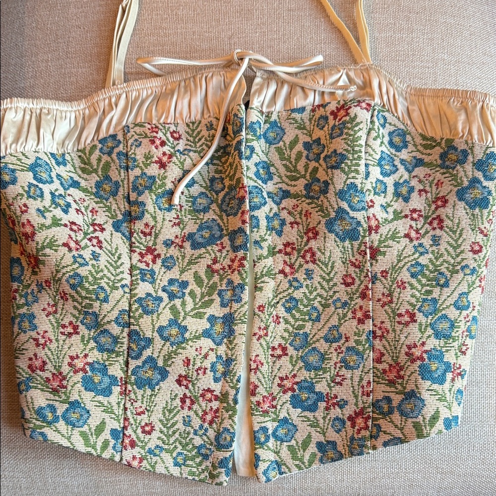 VICI  Tapestry Corset Top in Blue & Cream